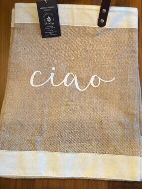 Natural Jute Market Tote Bag w. Brown Leather Handles "Ciao" Lettering Italy NWT